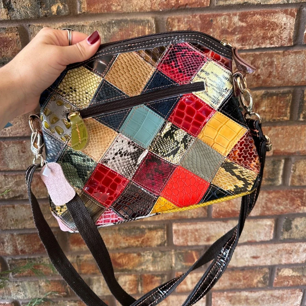 Multi Color Patchwork Leather Floral Crossbody Bag Snakeskin Embossed Rainbow
